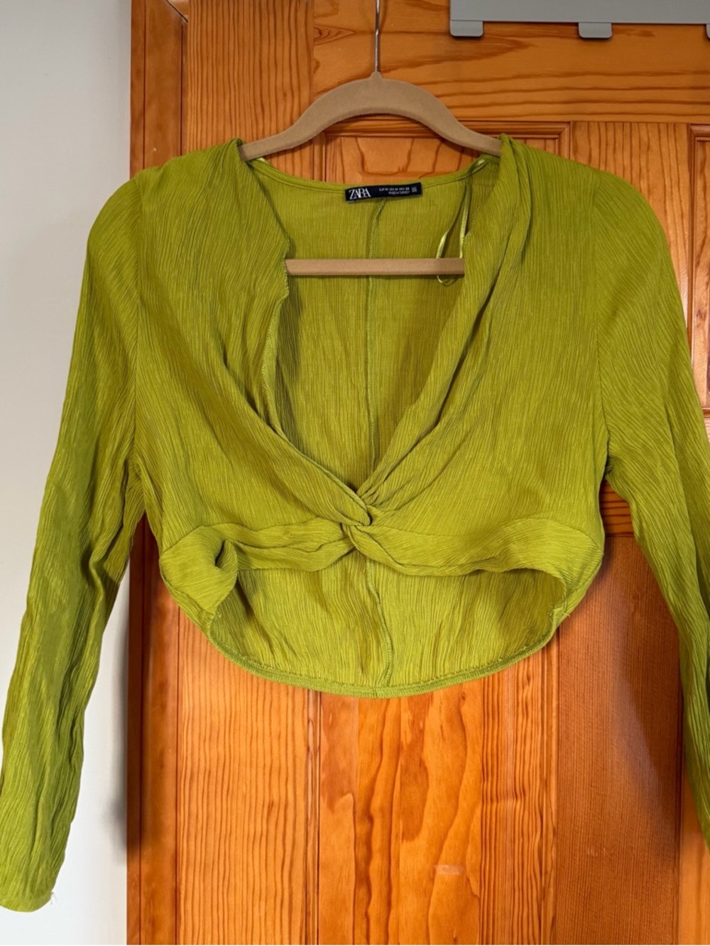 Zara Bright Lime Twist-Front Long-Sleeve Crop Top